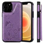 For iPhone 12 / 12 Pro Cat Bee Embossing Pattern Shockproof Protective Case with Card Slots & Photo Frame(Purple)