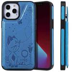 For iPhone 12 Pro Max Cat Bee Embossing Pattern Shockproof Protective Case with Card Slots & Photo Frame(Blue)