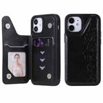For iPhone 12 mini Six Cats Embossing Pattern Protective Case with Holder & Card Slots & Photo Frame (Black)