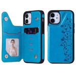 For iPhone 12 mini Six Cats Embossing Pattern Protective Case with Holder & Card Slots & Photo Frame (Blue)