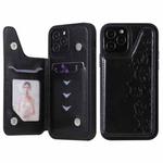 For iPhone 12 / 12 Pro Six Cats Embossing Pattern Protective Case with Holder & Card Slots & Photo Frame(Black)