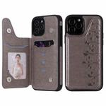 For iPhone 12 / 12 Pro Six Cats Embossing Pattern Protective Case with Holder & Card Slots & Photo Frame(Grey)