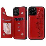 For iPhone 12 / 12 Pro Six Cats Embossing Pattern Protective Case with Holder & Card Slots & Photo Frame(Red)