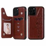 For iPhone 12 / 12 Pro Six Cats Embossing Pattern Protective Case with Holder & Card Slots & Photo Frame(Brown)