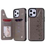 For iPhone 12 Pro Max Six Cats Embossing Pattern Protective Case with Holder & Card Slots & Photo Frame(Grey)