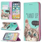 For iPhone X / XS Colored Drawing Pattern Invisible Magnetic Horizontal Flip PU Leather Case with Holder & Card Slots & Wallet(Cat)