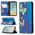 For iPhone X / XS Colored Drawing Pattern Invisible Magnetic Horizontal Flip PU Leather Case with Holder & Card Slots & Wallet(Gold Butterflies)