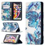 For iPhone XR Colored Drawing Pattern Invisible Magnetic Horizontal Flip PU Leather Case with Holder & Card Slots & Wallet(Blue Leaves)