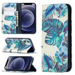 For iPhone 12 mini Colored Drawing Pattern Invisible Magnetic Horizontal Flip PU Leather Case with Holder & Card Slots & Wallet (Blue Leaves)