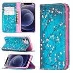 For iPhone 12 mini Colored Drawing Pattern Invisible Magnetic Horizontal Flip PU Leather Case with Holder & Card Slots & Wallet (Plum Blossom)
