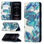 For iPhone 12 / 12 Pro Colored Drawing Pattern Invisible Magnetic Horizontal Flip PU Leather Case with Holder & Card Slots & Wallet(Blue Leaves)