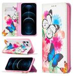 For iPhone 12 Pro Max Colored Drawing Pattern Invisible Magnetic Horizontal Flip PU Leather Case with Holder & Card Slots & Wallet(Two Butterflies)