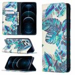 For iPhone 12 Pro Max Colored Drawing Pattern Invisible Magnetic Horizontal Flip PU Leather Case with Holder & Card Slots & Wallet(Blue Leaves)