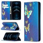 For iPhone 12 Pro Max Colored Drawing Pattern Invisible Magnetic Horizontal Flip PU Leather Case with Holder & Card Slots & Wallet(Gold Butterflies)