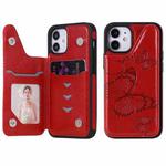 For iPhone 12 mini Butterfly Embossing Pattern Shockproof Protective Case with Holder & Card Slots & Photo Frame (Red)