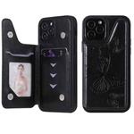 For iPhone 12 / 12 Pro Butterfly Embossing Pattern Shockproof Protective Case with Holder & Card Slots & Photo Frame(Black)