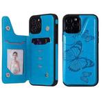 For iPhone 12 / 12 Pro Butterfly Embossing Pattern Shockproof Protective Case with Holder & Card Slots & Photo Frame(Blue)