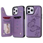 For iPhone 12 Pro Max Butterfly Embossing Pattern Shockproof Protective Case with Holder & Card Slots & Photo Frame(Purple)