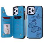 For iPhone 12 Pro Max Butterfly Embossing Pattern Shockproof Protective Case with Holder & Card Slots & Photo Frame(Blue)