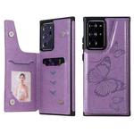 Butterfly Embossing Pattern Shockproof Protective Case with Holder & Card Slots & Photo Frame For Samsung Galaxy Note20 Ultra(Purple)