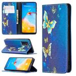 For Huawei P40 Colored Drawing Pattern Invisible Magnetic Horizontal Flip PU Leather Case with Holder & Card Slots & Wallet(Gold Butterflies)