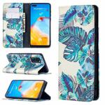 For Huawei P40 Colored Drawing Pattern Invisible Magnetic Horizontal Flip PU Leather Case with Holder & Card Slots & Wallet(Blue Leaves)