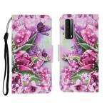 For Huawei P Smart 2021 / Y7a Coloured Drawing Pattern Horizontal Flip PU Leather Case with Holder & Card Slots & Wallet & Lanyard(Rose Butterfly)