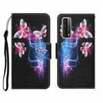 For Huawei P Smart 2021 / Y7a Coloured Drawing Pattern Horizontal Flip PU Leather Case with Holder & Card Slots & Wallet & Lanyard(Three Fluorescent Butterflies)