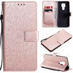 For Motorola Moto G9 Play Pressed Printing Sunflower Pattern Horizontal Flip PU Leather Case with Holder & Card Slots & Wallet & Lanyard(Rose Gold)