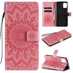 For Motorola Moto G9 Plus Pressed Printing Sunflower Pattern Horizontal Flip PU Leather Case with Holder & Card Slots & Wallet & Lanyard(Pink)