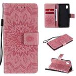 For Samsung Galaxy A01 Core Pressed Printing Sunflower Pattern Horizontal Flip PU Leather Case with Holder & Card Slots & Wallet & Lanyard(Pink)