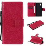 For Samsung Galaxy A01 Core Pressed Printing Sunflower Pattern Horizontal Flip PU Leather Case with Holder & Card Slots & Wallet & Lanyard(Red)