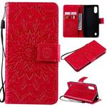For Samsung Galaxy A01(US Version) Pressed Printing Sunflower Pattern Horizontal Flip PU Leather Case with Holder & Card Slots & Wallet & Lanyard(Red)