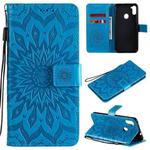 For Samsung Galaxy A11(US Version) Pressed Printing Sunflower Pattern Horizontal Flip PU Leather Case with Holder & Card Slots & Wallet & Lanyard(Blue)