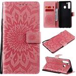 For Samsung Galaxy A21(US Version) Pressed Printing Sunflower Pattern Horizontal Flip PU Leather Case with Holder & Card Slots & Wallet & Lanyard(Pink)