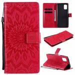 For Samsung Galaxy M51 Pressed Printing Sunflower Pattern Horizontal Flip PU Leather Case with Holder & Card Slots & Wallet & Lanyard(Red)