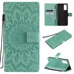 For Samsung Galaxy S20 FE Pressed Printing Sunflower Pattern Horizontal Flip PU Leather Case with Holder & Card Slots & Wallet & Lanyard(Green)