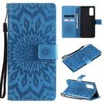 For Samsung Galaxy S20 FE Pressed Printing Sunflower Pattern Horizontal Flip PU Leather Case with Holder & Card Slots & Wallet & Lanyard(Blue)