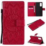 For Samsung Galaxy S20 FE Pressed Printing Sunflower Pattern Horizontal Flip PU Leather Case with Holder & Card Slots & Wallet & Lanyard(Red)