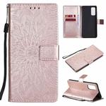 For Samsung Galaxy S20 FE Pressed Printing Sunflower Pattern Horizontal Flip PU Leather Case with Holder & Card Slots & Wallet & Lanyard(Rose Gold)