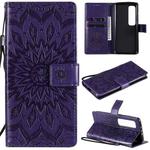 For Xiaomi Mi 10 Ultra Pressed Printing Sunflower Pattern Horizontal Flip PU Leather Case with Holder & Card Slots & Wallet & Lanyard(Purple)