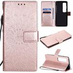 For Xiaomi Mi 10 Ultra Pressed Printing Sunflower Pattern Horizontal Flip PU Leather Case with Holder & Card Slots & Wallet & Lanyard(Rose Gold)