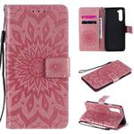 For OnePlus Nord Pressed Printing Sunflower Pattern Horizontal Flip PU Leather Case with Holder & Card Slots & Wallet & Lanyard(Pink)