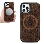 For iPhone 12 mini Wood Veneer Mandala Embossed Magsafe Case Magnetic TPU Shockproof Case (Rosewood)