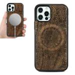 For iPhone 12 mini Wood Veneer Mandala Embossed Magsafe Case Magnetic TPU Shockproof Case (Walnut)