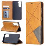 For Samsung Galaxy S21 5G Rhombus Texture Horizontal Flip Magnetic Leather Case with Holder & Card Slots(Yellow)