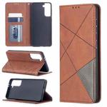 For Samsung Galaxy S21 5G Rhombus Texture Horizontal Flip Magnetic Leather Case with Holder & Card Slots(Brown)