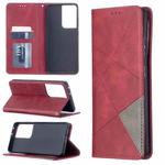 For Samsung Galaxy S21 Ultra 5G Rhombus Texture Horizontal Flip Magnetic Leather Case with Holder & Card Slots(Red)