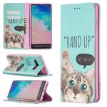 For Samsung Galaxy S10 Plus Colored Drawing Pattern Invisible Magnetic Horizontal Flip PU Leather Case with Holder & Card Slots & Wallet(Cat)