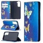 For Samsung Galaxy S21 Colored Drawing Pattern Invisible Magnetic Flip Leather Case (Gold Butterflies)